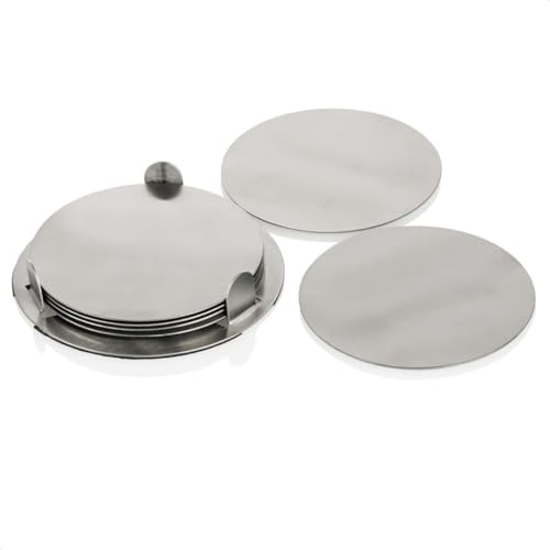 Image of Giftana Round Coaster Set for Home and Office, Non-Slip Drink Coasters for Dinning Table, Bar -Matt Finish- Steel Coasters with Stand for Tea Cups,Coffee Mugs,Glasses (Set of 6 Pieces) (Silver)