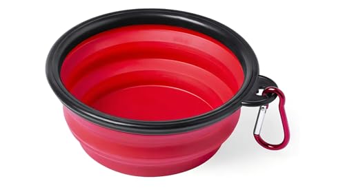 Ciotola Pieghevole per Cani e Gatti,Silicone,con Moschettone, 350ml, BPA Free (rosso)