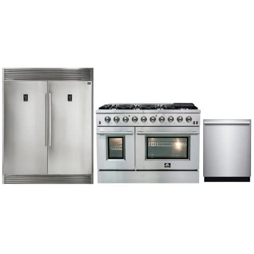 FORNO 4 PCS Stainless Steel Kitchen Package with 60" W. Dual Refrigerator 27.6Cu.Ft., 36" Freestanding Dual Fuel Range, 24" Built-In Dishwasher, and 24" Microwave Drawer Convection Oven