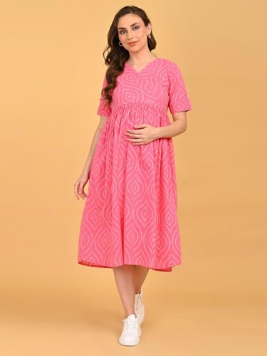 Image of The Mom Store Maternity and Nursing Dress | Pre and Post Pregnancy Dress for Womens | Zipper /Button Opening | Causal Wear | Trendy Stylish Causal Dresses for New Moms