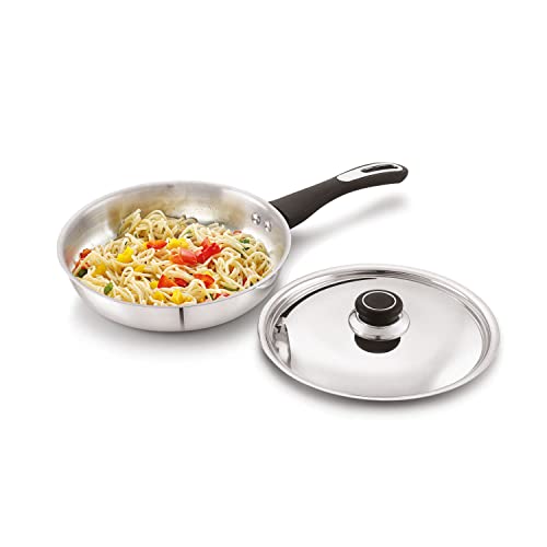 Image of Anjali FPFP22 Stainless Steel Pro Fry Pan 22 cm with Stainless Steel Lid Induction and Gas Stove Base 1300 ml