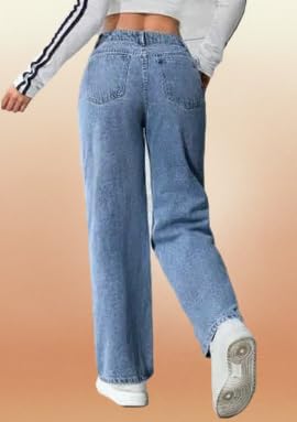 Image of Ice Blue High Waist Wide Leg Denim Jeans for Women.