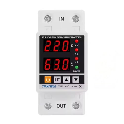 Image of HIVAGI Taxnele 63A 230V Digital Energy Meter with Over /Under Voltage & Overload Protection | Adjustable Voltage Protector with Auto Reconnect, Dual LED Display, DIY Din Rail Installation