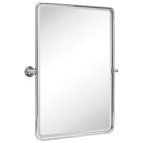 TEHOME 27 x 35'' Farmhouse Chrome Metal Framed Pivot Rectangle Bathroom Mirror Tilting Beveled Vanity Mirrors for Wall Cover
