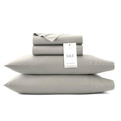 Image of BOLL & BRANCH Signature Hemmed Sheet Set - King, Pewter - Luxury 100% Organic Cotton - Includes 1 Flat, 1 Fitted, 2 Pillowcases - Buttery Soft