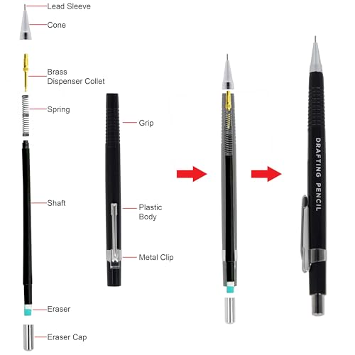 Image of Isomars Draftex Mechanical Pencil 0.3mm (2B) Black with 10 Extra Leads & Eraser | Drafting Pencil for Technical Drawing, Sketching, Engineering, Architecture & Writing