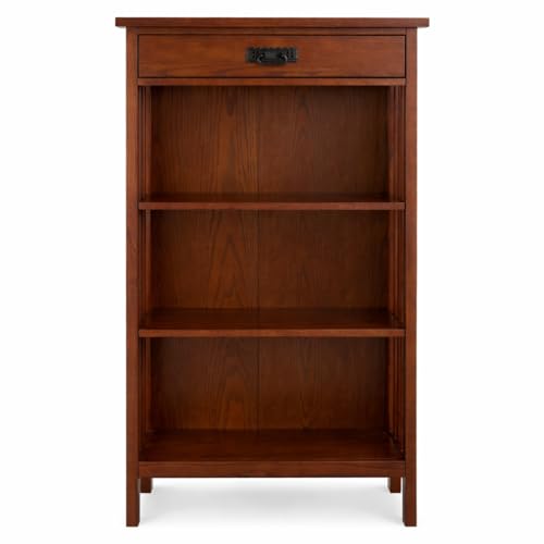 Image of Leick Home 82262 Mission Mantel Height Bookcase with Slatted Sides and Top Drawer, Made with Solid Wood, for Living Rooms, Mission Oak Finish, Brownbronze