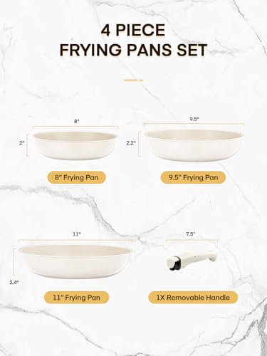 FOHERE Beige Nonstick Frying Pan Set 3PCS, 8, 9.5, 11 Inch