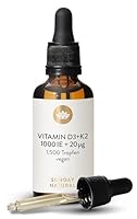 SUNDAY NATURAL® Vitamin D3 K2 Tropfen - Vegan - Premium Vitamin D 3 1.000 IE (25µg) + K2 MK7 ≥99,8% all-trans 20µg - Hohe Bioverfügbarkeit, ohne unnötige Zusätze, laborgeprüft