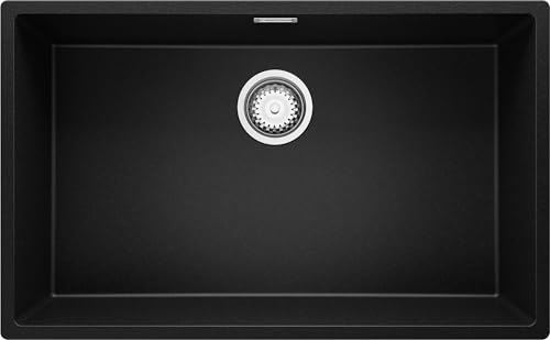 PRIMAGRAN Evier Sous Plan Noir 76x47cm, Evier en Granit 1 bac + Kit de Vidage, Évier al mueble 80cm - London S477