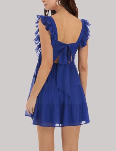 Image of Women's Summer Square Neck Tie Back Ruffle Sleeve Tiered Casual A-Line Short Mini Dress