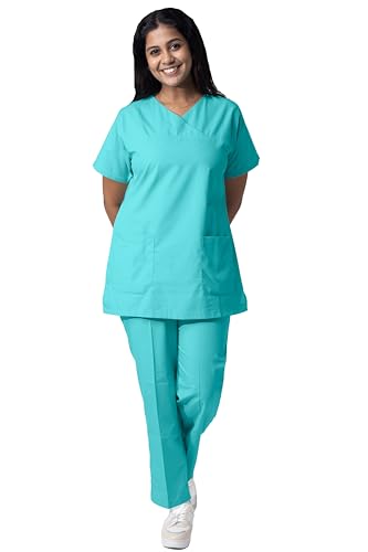 Image of Uniform Craft Women's 4 Pocket Scrub Suit Set | Medical Uniform | Cross V-Neck Poly Cotton | Short Sleeve Hospital Wear | Ideal for Doctors & Nurses (Light Green, L)