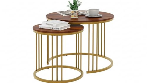 Image of Modern Nesting Table Set of 2 - Round Coffee Table with Engineered Wood Top & Metal Frame, Side Tables for Living Room, Bedroom & Lounge (Gold & Brown)