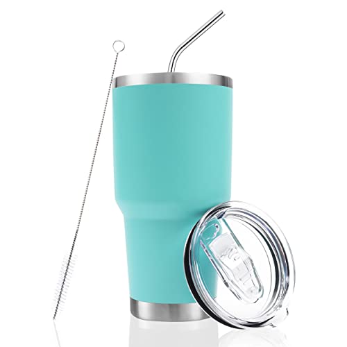 Toopify 30 oz Stainless Steel Insulated Tumbler Travel Mug with Straw Slider Lid, Cleaning Brush, Double Wall Vacuum (30 Mint)