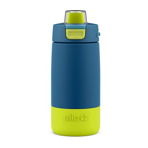 Ello Garrafa de água infantil Colby isolada de aço inoxidável de 340 g com canudo e porta-copos de silicone embutido, alça de transporte e tampa de bloqueio à prova de vazamento para mochila escolar,