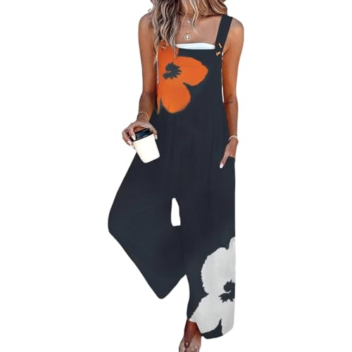 QXE Women's 2026 Summer Floral Print Overalls Jumpsuits One Piece Sleeveless Wide Leg Long Pants Rompers with Pockets