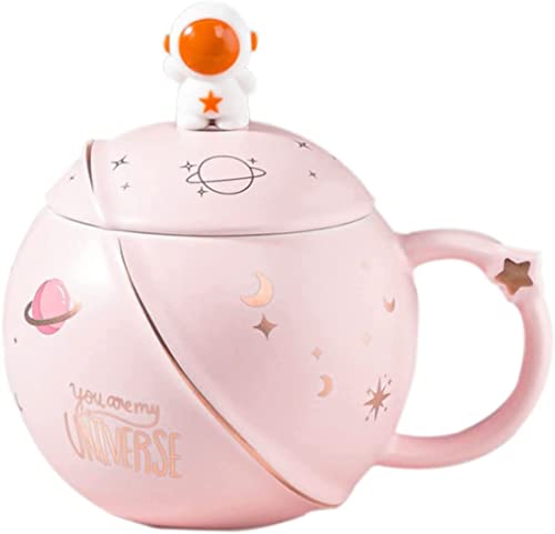 Hwagui Kawaii Astronaut Mug with Lid and Spoon, Handmade Cute Ceramic Cup for Coffee, Tea, Milk, Water, Space Mug Novelty Gift Pink 450ml/15oz