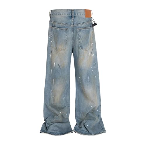 Men’s Splashing Paint Washed Vintage Blue Baggy Jeans, Straight Streetwear Loose Fit Denim Trousers3