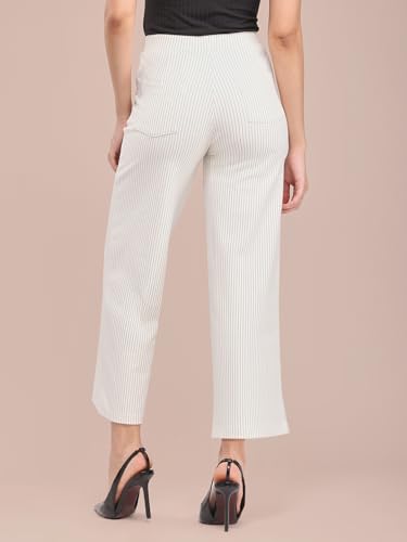Image of FableStreet Women's Formal Trousers | High-Rise Striped Wide-Leg Design | Ankle-Length Flat Front with Patch Pockets | Elegant Office Wear for Business Meetings| Ivory