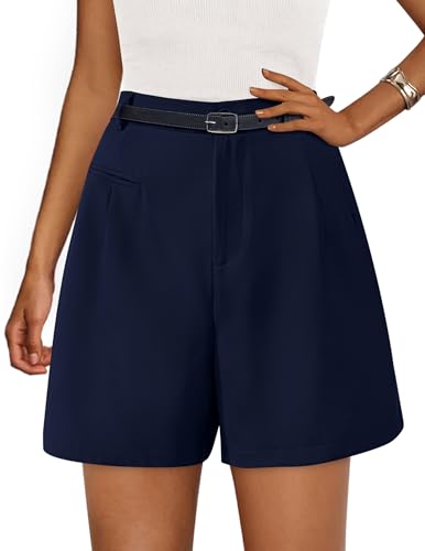 Image of PRETTYGARDEN Shorts for Women Trendy 2025 Summer Elastic High Waisted Wide Leg Business Casual Dressy Shorts with Pockets, Blue, L