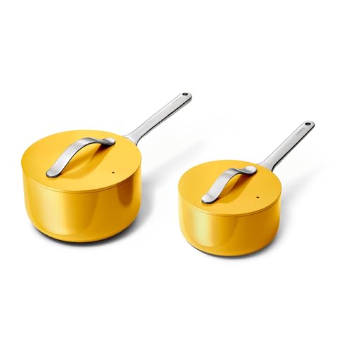 Image of Caraway Nonstick Ceramic Sauce Pans with Lids (3 qt & 1.75 qt) - Non Toxic, PTFE & PFOA Free - Oven Safe & Compatible with All Stovetops (Gas, Electric & Induction) - Marigold