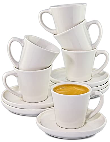 Cosumy Espresso Cup and Saucer Set of 6 - White Ceramic 70ml / 2.36oz - Stackable Design - Keeps Warm for a Long time - Gift Box