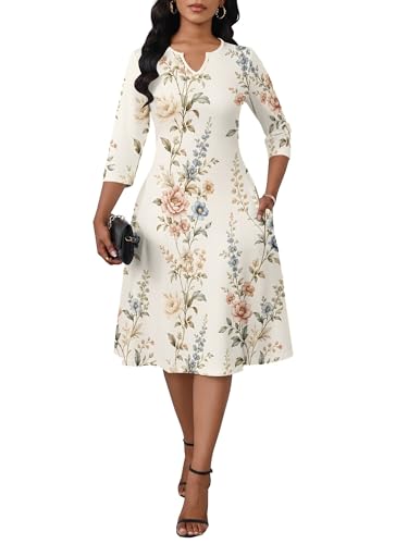 Image of PinkPatty Women's Casual 3 /4 Sleeve Midi Dresses Fit and Flare Church Work Dress with Pockets