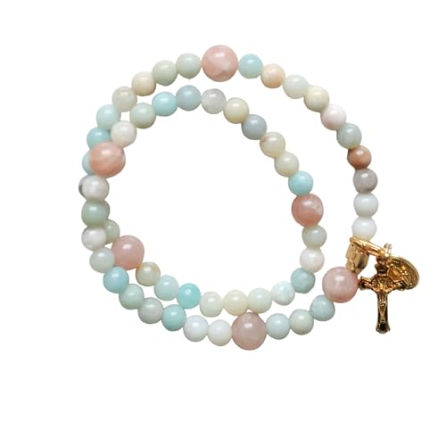 Chews Life Gianna Rosary Bracelet for Women - Gemstone Catholic Rosary with Movable Crucifix Bookmark Clasp - Pink Moonstone & Multi-Colored Amazonite Beads - Comfortable Fit Durable Elastic - Medium