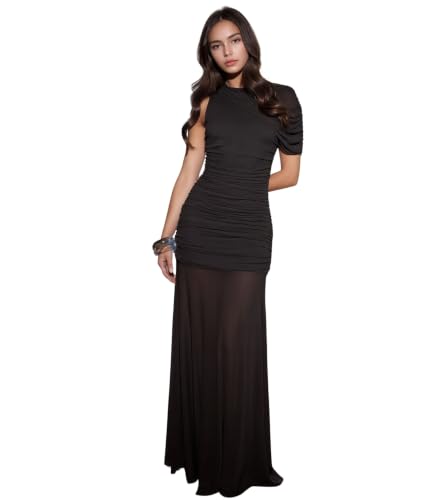 Image of PORRCEY Women's Sexy Rhinestone Lace Sheer Mesh Formal Evening Dress