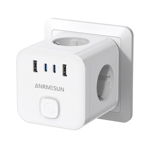 ANRMESUN Cubo Enchufe USB 7 en 1 Ladron Enchufes 3840W, Triple Múltiples Pared con 3 Tomas de CA, 2 USB A, 2 USB C y Cambiar, Cubo de Poder Compatible con Phone, Tableta, Hogar Oficina