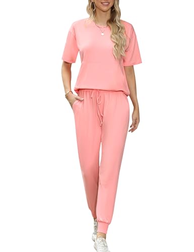 Irevial Conjunto Chandal Mujer Verano Conjunto de Camiseta de Manga Corta y Pantalones con Cordón y Bolsillo Ropa Deportiva 2 Piezas Primavera para Fitness