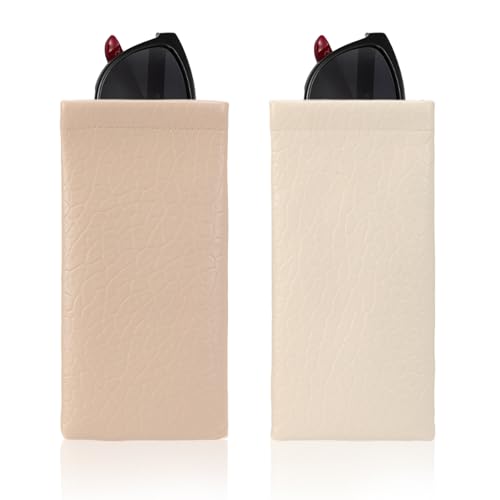 COMF-PRO Squeeze Top Sunglass Pouch - Portable Sunglass Organizer Pouch Bags Soft PU Leather Glasses 2 Pack (Light Beige+Beige)