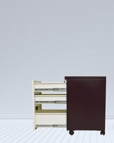 Image of Shubham Furnitures 3 Drawer Steel Pedestal Cabinet | Lockable Powder Coated Filing Cabinet for Files, Documents & Stationery | Office Storage Unit (Brown, Pedestal with Wheels)