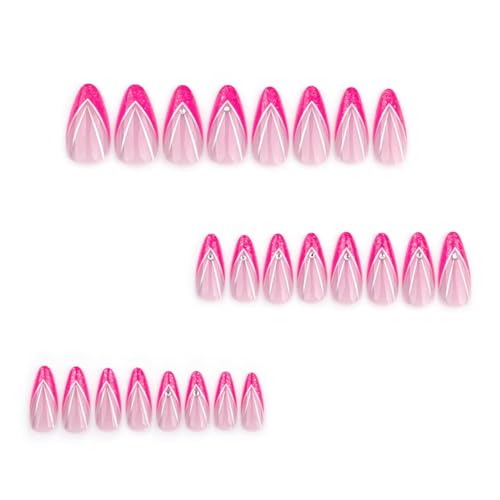 Image of Pink French Tip Press on Nails Glitter Fake Nails Silver Line with Rhinestone Design Medium Almond Glue on Nails Glossy Artificial Acrylic Full Cover Nude Stick on Nails for Women Manicure 24Pcs
