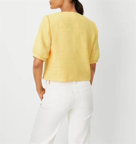 Women's Cropped Crew Neck Casual Tweed Blazer Elegant Work Office Puff Short Sleeve Jacket with Pockets2