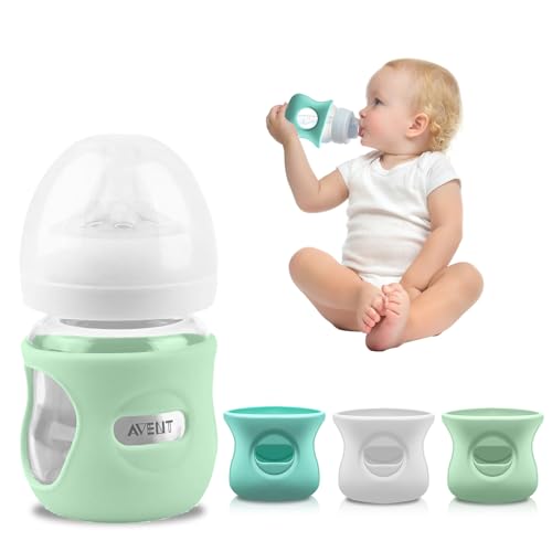 Image of Silicone Avent Glass Bottle Sleeve, Anti Breakage & Scratch-Proof, Protect Philips Avent Glass Bottles, Food-Grade Silicone, BPA Free, 4 oz Baby Bottle Holder (White+Blue+Green)