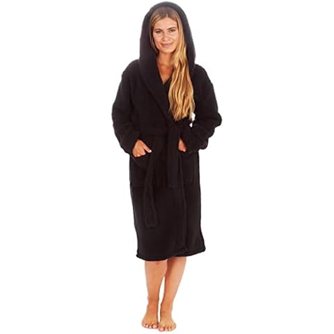 Ladies Fluffy Chunky Ultra Warm Dressing Gowns Hooded Robes Sherpa Fleece Black M Cover