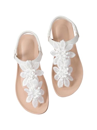 GORGLITTER Women's Flower Flat Sandals Wedding Sandals for Bride T-Strap Thongs Open Toe Summer Beach Shoes