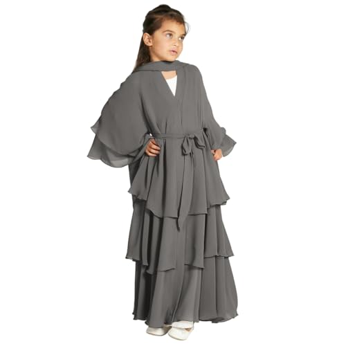 Kids Abayas Dress for Girls Muslim Dress with Hijab Chiffon Layered Islam Kaftan Robe Open Front Cardigan Prayer Dress