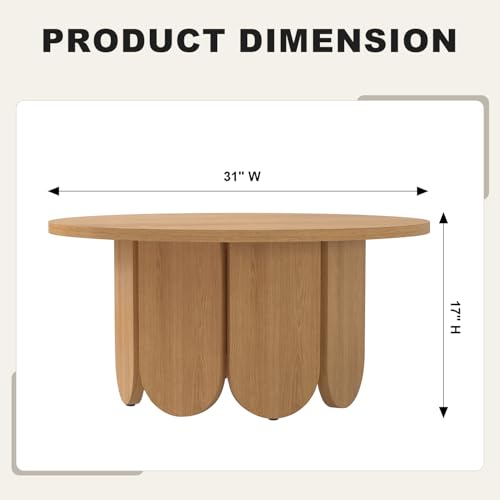 XINRONG Oak Round Coffee Table, Mid Century Modern Coffee Table with Solid Tabletop, Wooden Circle Coffee Table for Living Room and Apartment, Easy Assembly