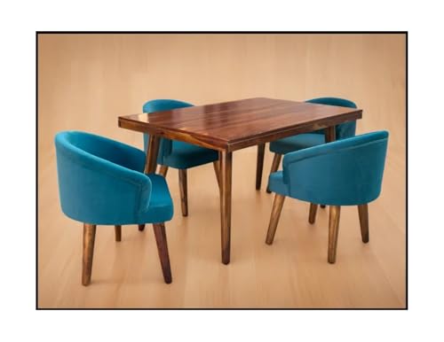 Image of DaneWood Wooden Dining Table 4 Seater | Four Seater Dinning Table with 4 Upholstered Dining Chairs | Dining Room Sets for Restaurants | Sheesham Wood | Honey Finish & Blue Velvet Fabric Chairs