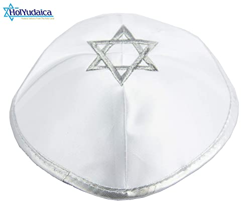 Image of Pack of 10-Pcs Hq 20cm Satin Kippah with Silver /Gold String+Star of David for Men & Boys, Yamaka Hat from Israel, Kippot Bulk (White Silver)