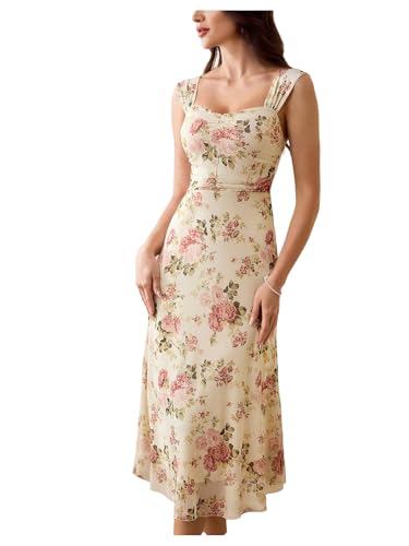 11 Best Casual Summer Dresses for Women Over 60 with Sleeves (Stylish, Cool, and Comfortable) 10 Milumia Women's Floral Print Square Neck Dress Sleeveless Vintage A Line midi Summer Dresses Apricot Medium