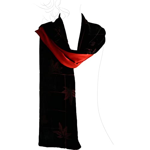 Luxury Silk Base Burn-out Velvet Scarf Pure Silk Lining 70" L x13 W, Black/Red4
