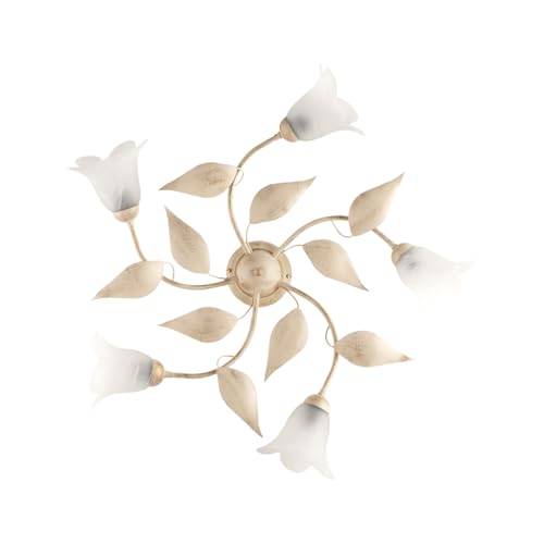 Plafoniera 5 Luci Ferro Battuto E Vetro Avorio E Oro