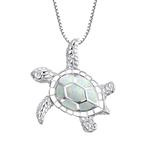 Small Turtle Pendant Statement Necklace Health and Longevity 925 Sterling Silver Created Opal Sea Turtle Pendant Necklace Birthstone Jewelry Adjustable Christmas for Women