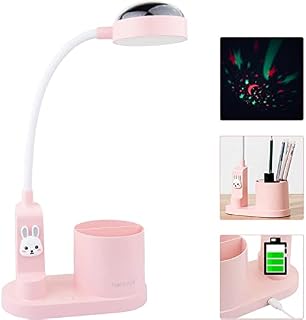 Hacevida Kids Cute Desk Lamp LED Kids Table Lamp with Pen Holder Rechargeable Study Lamp with Star Projection 3 Brightness Levels Night Light for Kids Bedroom Birthday Gift (Pink)