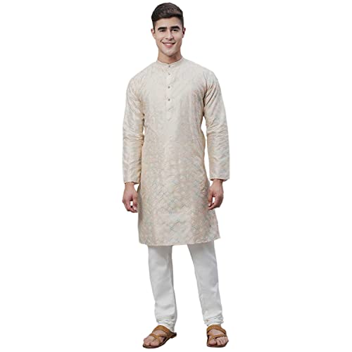 Image of SOJANYA (Since 1958 Men's Silk Blend Kurta Pyjama Set | Multi Embroidered Traditional Ethnic Wear for Navratri, Garba, Puja & Wedding
