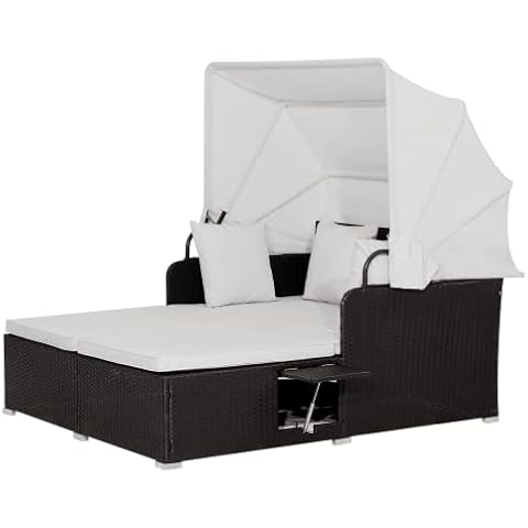 RELAX4LIFE Patio Rattan Daybed, Wicker Sun Bed Lounger Couch with Retractable Canopy, 2 Folding Side Trays & Soft Cushions, Outdoor Double Sofa Bed Garden Furniture Set for Yard Porch Poolside Cover