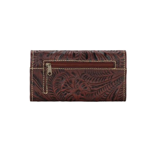 Image of American West Hand Tooled Handcrafted 100% Genuine Leather Tri-Fold Wallet for Women Credit Card Slots Cash Pocket and Clear ID Holder Western (Chocolate Brown /Distressed Crimson)